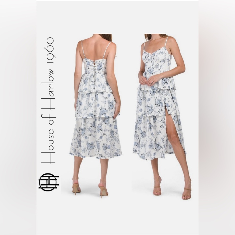 House of Harlow Blue floral print White Ruffle Layered Strap Dress M linen blend - Picture 9 of 10